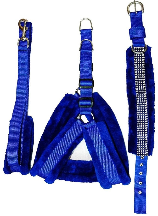 Ocean Wave Petsplanet Nylon Dog Harness Leash & Collar Set with Soft Fur - 1.25 Inch Large Blue - Image 1